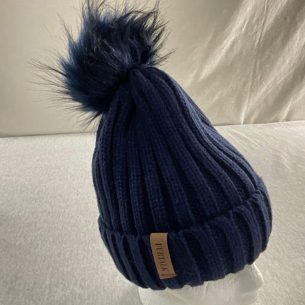 FURTALK WOMEN’S WINTER KNITTED BEANIE HAT FAUX FUR POM POM COLOR: NAVY ONE SIZE